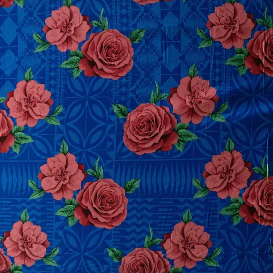 1 Yard Polynesian Rose Geometric Peachskin Fabric with Floral Border Print 44/45 Inches Width Royal {1}