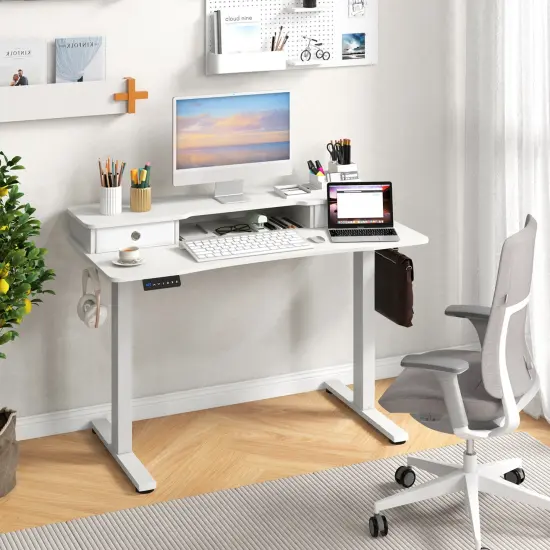 White Height Adjustable Electric Standing Desk with 2 Fabric Drawers {2}