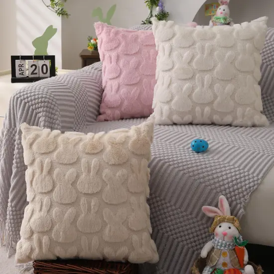 Easter Pillow Covers 18x18 inch Set of 2 Easter Decoration Pink Rabbit Soft Plush Faux Fur Jacquard Throw Pillows {5}
