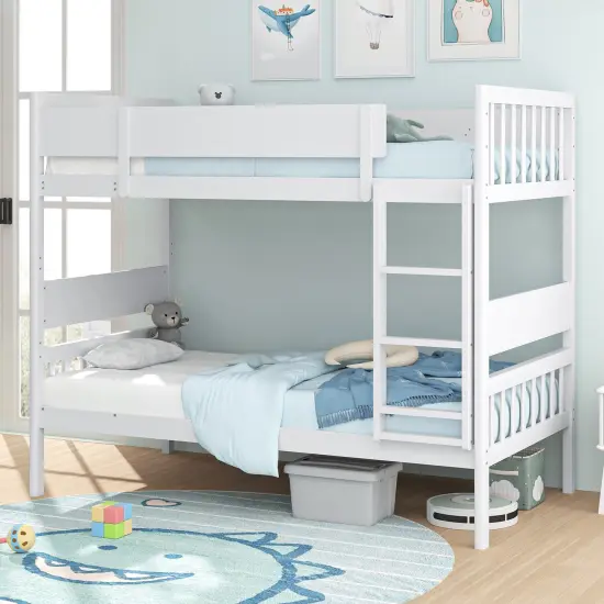 Wooden Twin Over Twin Convertible Bunk Bed with Guardrails and Under-bed Storage White {2}