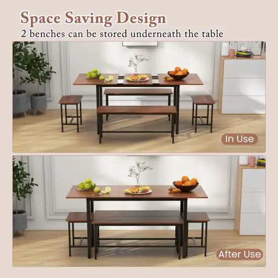 5 Piece Dining Table Set for 4-6, Includes 2 Benches & 2 Stools, Ideal for Kitchen & Dining Room Walnut {4}