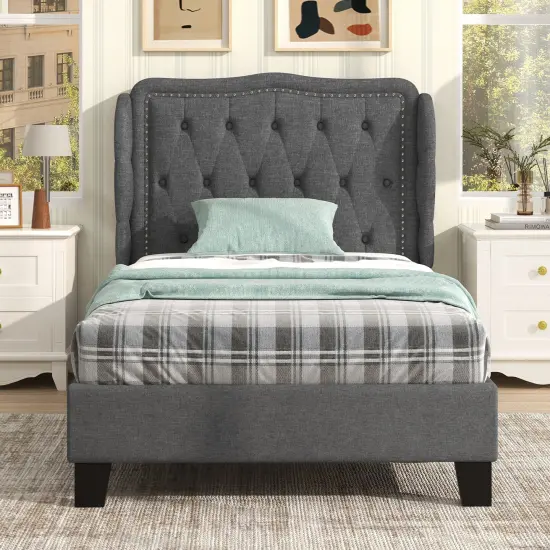Twin Size Bed Frame with Button Tufted Wingback Headboard and Storage Space-Gray {3}
