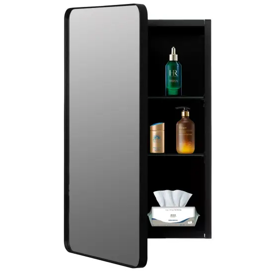 Basicwise Multi-Purpose Aluminum Bathroom Storage Medicine Cabinet - Beveled Edge Mirror and Sleek Round Corner Frame with 2 Adjustable Shelves, Recessed or Surface Mount Installation, Black Finish {1}