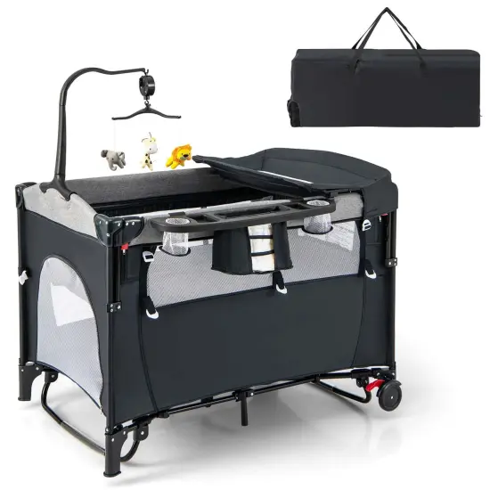 Honeyjoy 5-in-1 Baby Crib with Adjustable Height Soft Mattress Portable Pack Play with Music Black/Grey {7}