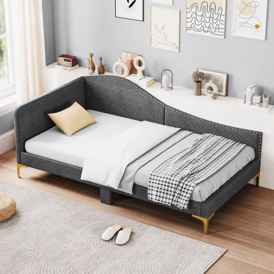 Full/Twin Size Rivet-Tufted Platform Bed with Metal Legs and Wood Slats-Full Size {1}