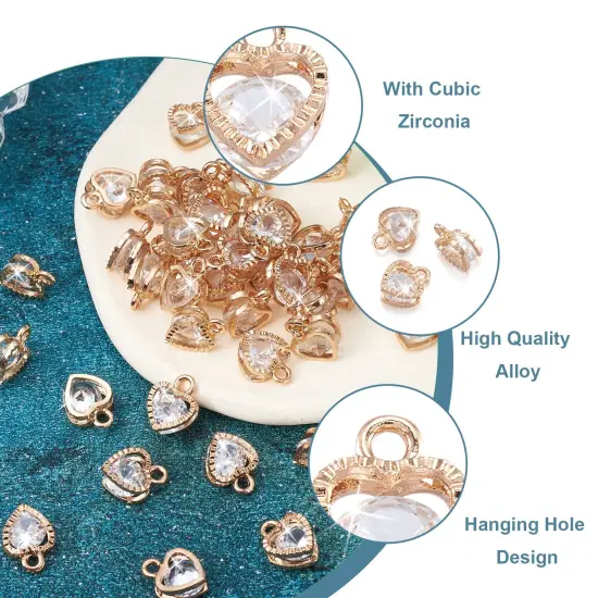 100pcs Cubic Zirconia Alloy Charms Heart Shaped KC Gold Pendants for Jewelry Making Choker Tiny Dangle Accessories Valentine's Day Wedding {4}