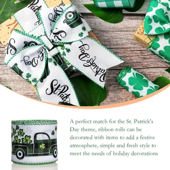 St. Patricks Day Ribbon Wired, Glitter Shamrock Green Truck Fabric Ribbons Gift Wrapping DIY Craft Wreath {3}
