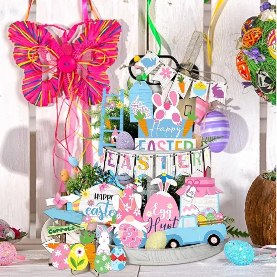 Easter Tiered Tray Decor Happy Easter Tiered Tray Ornament Rustic Farmhouse Spring Sign Bunny Truck Gnome Egg Wooden Sign {2}