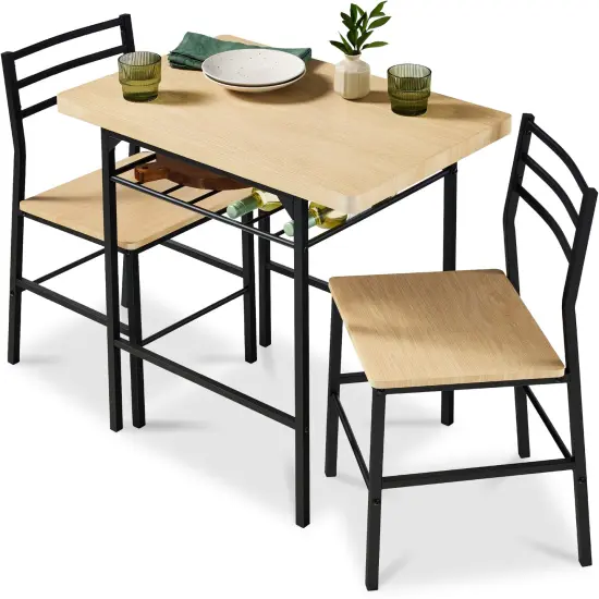 Best Choice Products 3-Piece Modern Dining Set, Square Table & Chairs Set w/ Steel Frame, Built-In Storage Rack Natural/Black {1}