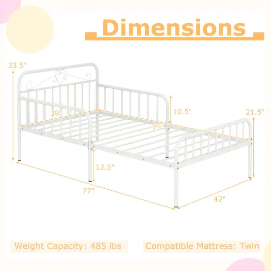 Twin Size Metal Bed Frame with Headboard Included Safety Side Guardrails White {5}