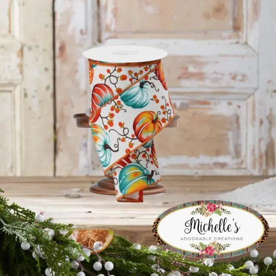 2.5" Pumpkins Bittersweet Ribbon: Ivory/Teal/Rust {4}