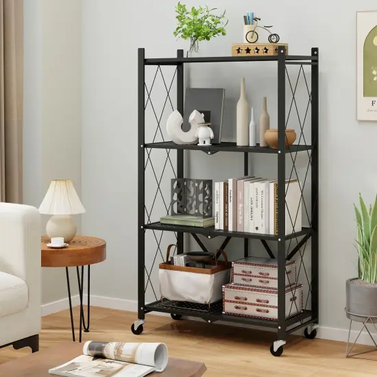 4-Tier Black Fold-able Storage Shelf Collapsible Storage Rack with Lockable Wheels {2}