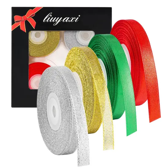 4 Rolls 3/8" Christmas Ribbon - Glitter Metallic Ribbon & Satin Ribbons Set, Total 100 Yards Xmas Holiday Festival for Gift Wrapping, Crafts, Festival Ornaments, Wedding Party Decoration {2}