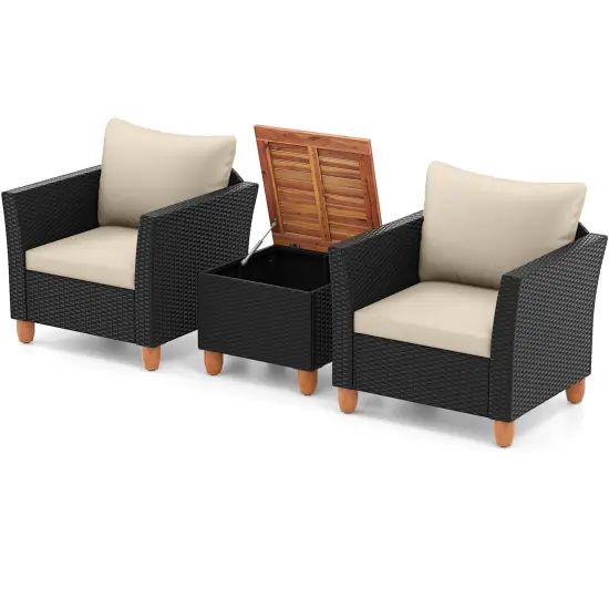 Costway 3PCS Patio Rattan Furniture Set Cushioned Sofa Storage Table with Wood Top White/Black/Grey/Navy/Red/Turquoise {9}