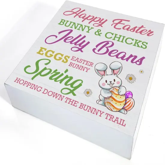 Easter Decor Happy Easter Bunny Wooden Sign, Easter Decorations for the Home, Easter Wooden Plaque Block Sign Rustic Home Kitchen Decor 5 x 5 Inches {3}