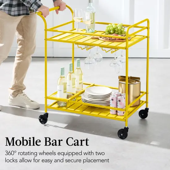 Best Choice Products 2-Tier Rolling Bar Cart Indoor/Outdoor w/ Storage Shelves, Wine Rack, Lockable Wheels Yellow {5}