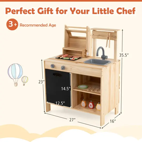 Wooden Barbecue Grill Playset with Chalkboard and Sink and Cabinet-Natural {5}