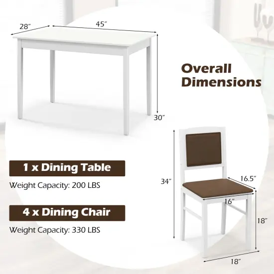 5-Piece Dining Set for 4 with Rubber Wood Legs, Compact Design for Small Dining Room White {5}