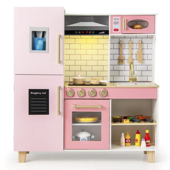 Wooden Pretend Play Kitchen with Ice Maker Range Hood and Blackboard-Pink {1}