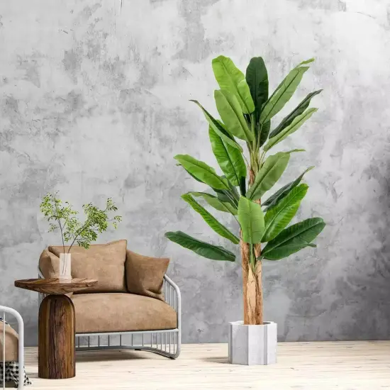 6.5' Tall Artificial Banana Tree w/ 27 Large Leaves Triple Stalks Natural Bark {3}