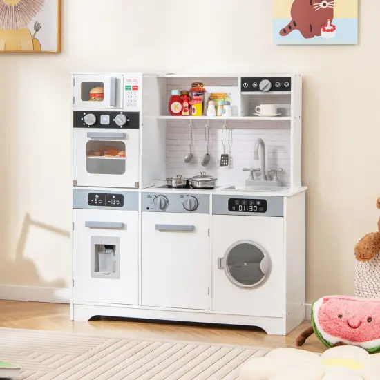 Pretend Play Kitchen Wooden Toy Set Kitchen Accessory Playset with Real Lights Sounds-White {2}