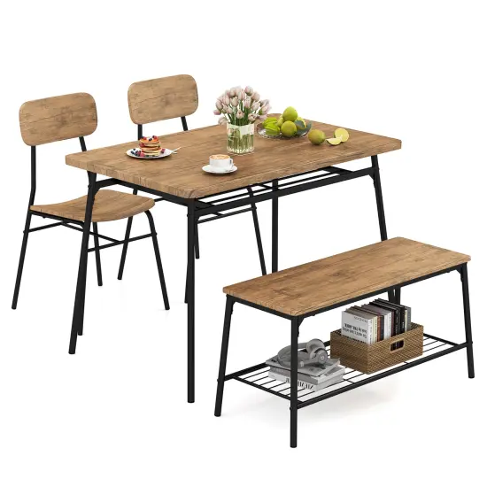 4 Piece Dining Table Set for 4 Metal Frame with Bench and 2 Chairs-Brown {1}
