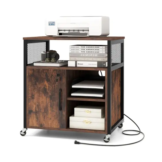 File Cabinet on Wheels with Charging Station and Cable Management Hole Brown {4}