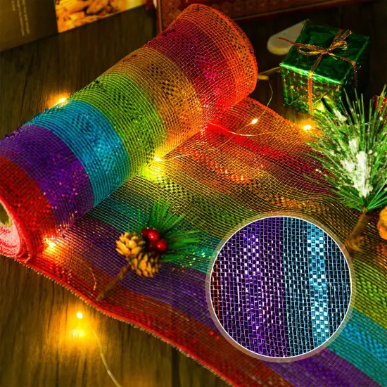 Christmas Deco Mesh Wreath Supplies Deco Mesh 10 Inch Ribbon Poly Mesh Ribbon Colorful Metallic Mesh Ribbon for Christmas Tree Party Wedding Garland,10 Inch x 30 Feet (2 Rolls) {6}