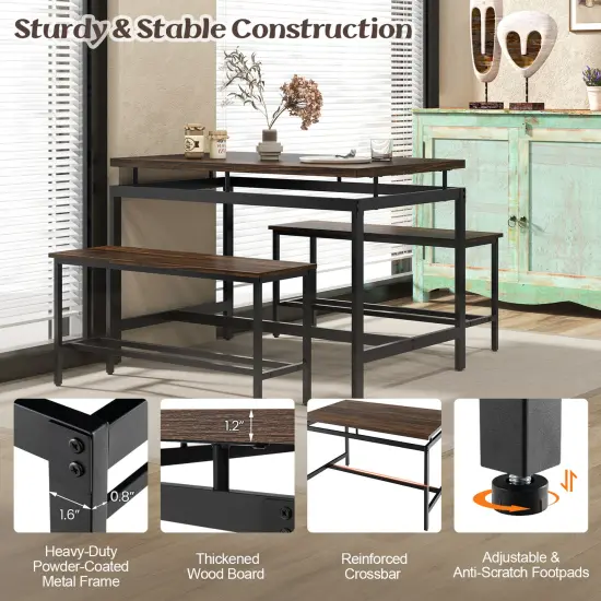 3 Pieces Dining Table Set with Wooden Kitchen Table and 2 Benches-Brown {6}