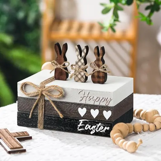 6 Pcs Easter Tiered Tray Decor Wooden Farmhouse Faux Stacked Books Easter Bunny Rabbit Decorative Table Centerpiece Block Signs for Party Home Kitchen Dining Table Decor {2}