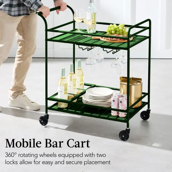 Best Choice Products 2-Tier Rolling Bar Cart Indoor/Outdoor w/ Storage Shelves, Wine Rack, Lockable Wheels Deep Green {5}