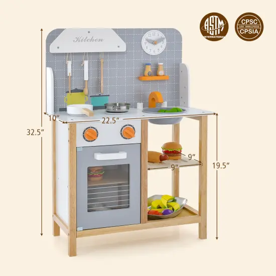 Wooden Toddler Pretend Kitchen Set with Cookware Accessories for Boys and Girls-Grey {5}