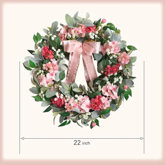 22&rdquo; Artificial Flower Wreath,Hydrangea Lamb's Leaves Wreath Spring/Summer Floral Wreaths with Ribbon Bow for Front Door Wall Window and Holiday Festival Party Banquet Wedding Decor {3}