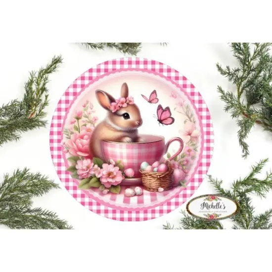 Pink Plaid Check Easter Spring Bunny Teacup Sign {1}