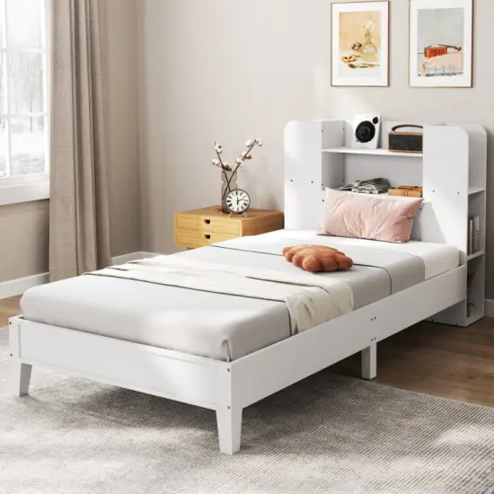Wooden Twin Bed Frame with Bookcase Headboard Storage Shelves and Under-bed Space White {4}