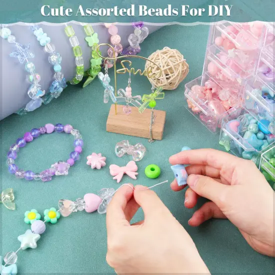 140-160 PCS Assorted Acrylic Beads For Bracelet Making, Flower Bow Butterfly Candy Star Heart GummyBear Kawaii Aesthetic Bracelet Charms,Cute Beads For Jewelry Making DIY Necklace Keychain Phone Charms {6}