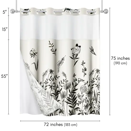 Americanflat 72x75 Hookless Shower Curtain - Floral Cream and Black Shower Curtain with Sheer Panel, Snap-In Liner, and Grommets - 100% Polyester {2}