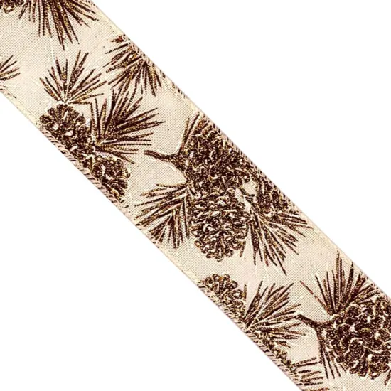 Designer’s Shop WR 63-5190 Holiday Gold Glitter Pinecones Wired edge ribbon 2.5” x 10 yard {5}