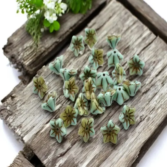 *25* 6x9mm Dark Bronze Washed Opaque Blended Turquoise Amber Bell Flower Beads {3}