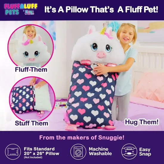 Happy Nappers: FluffALuff Pet - Unicorn - 2-In-1: Plush Character & Snap-On Pillowcase, White-Pink, Soft-Huggable, Cover Fits Standard Size, Play-Nap {7}