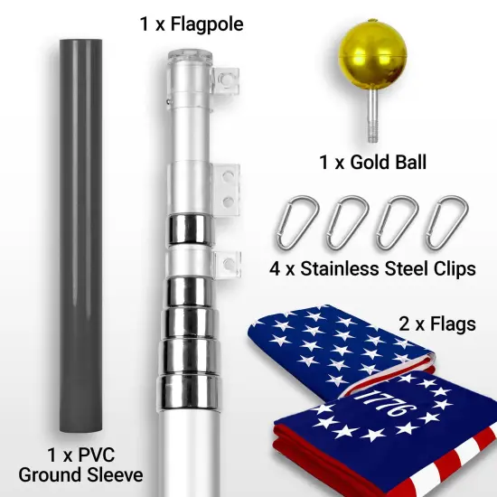 G128 Combo Pack: 20 Ft Telescoping Aluminum Flagpole (Silver) & American and Betsy Ross 1776 Flags 3x5 Ft, Both ToughWeave Series Embroidered Polyester | Pole with Flags Included {2}