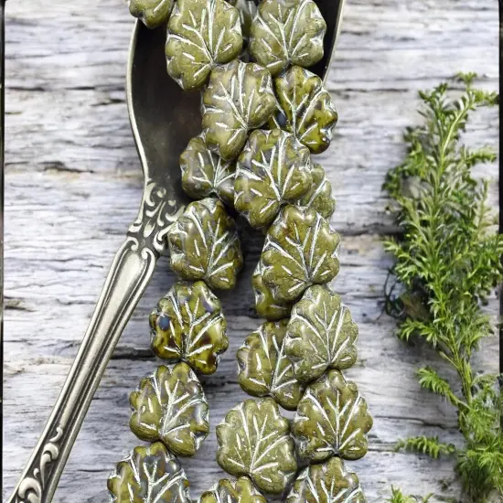 *12* 13x11mm Silver Washed Opaque Olive Travertine Maple Leaf Beads {3}