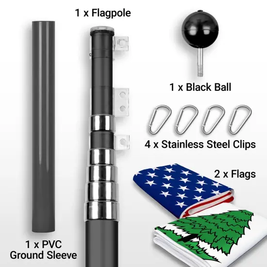 G128 Combo Pack: 25 Ft Telescoping Aluminum Flagpole (Black) & American and An Appeal To Heaven Flags 3x5 Ft, Both ToughWeave Series Embroidered Polyester | Pole with Flags Included {2}