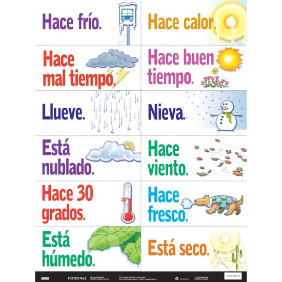 Poster Pals Spanish Educational and Language Teaching Chart posters,Classroom Decoration instruction, Months, Days, Seasons, Weather, FSL, 36 laminated card Set {5}