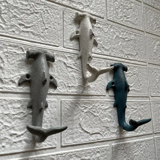 Hammerhead Shark Wall Hooks Set &ndash; Cast Iron Nautical Decor, 5 Inches High {5}