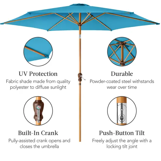 Best Choice Products 10ft Outdoor Woodgrain Pattern Steel Market Patio Umbrella w/ Crank, Tilt Sky Blue {6}