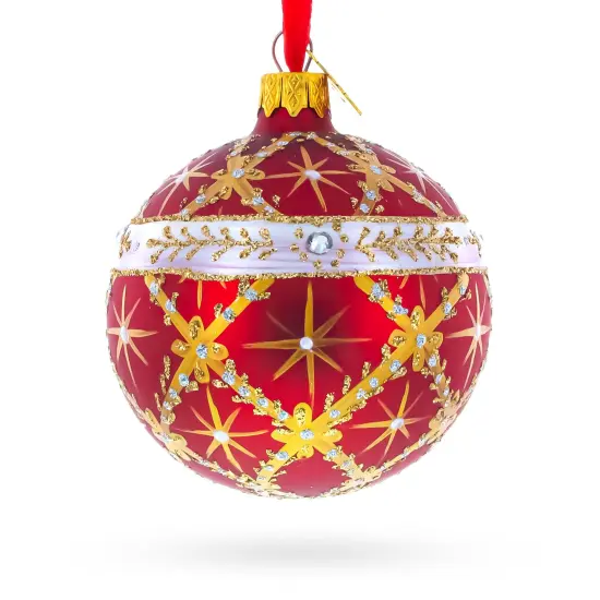 Diamond Trellis on Red Glass Ball Christmas Ornament 3.25 Inches {1}
