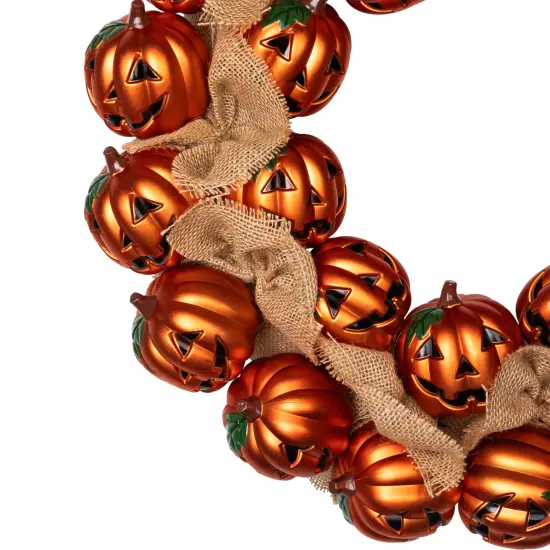 Northlight Jack-O-Lanterns with Burlap Ribbon Artificial Halloween Wreath - 20" - Unlit Orange {5}