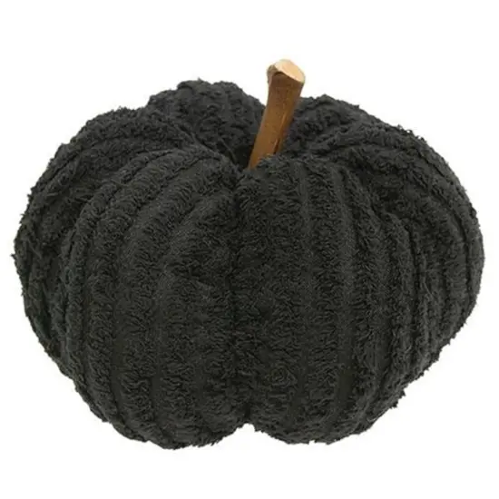 Black Chenille Plush Pumpkin with Ribbed Detailing and Stick Stem Soft Freestanding Decor {1}