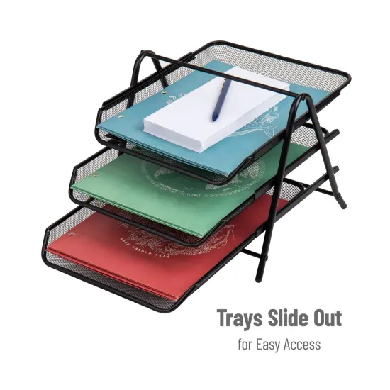 3-Tier Paper Tray, Desktop Organizer, File Storage, Office, Metal Mesh, 11.75"L x 13.75"W x 10"H, Black {6}